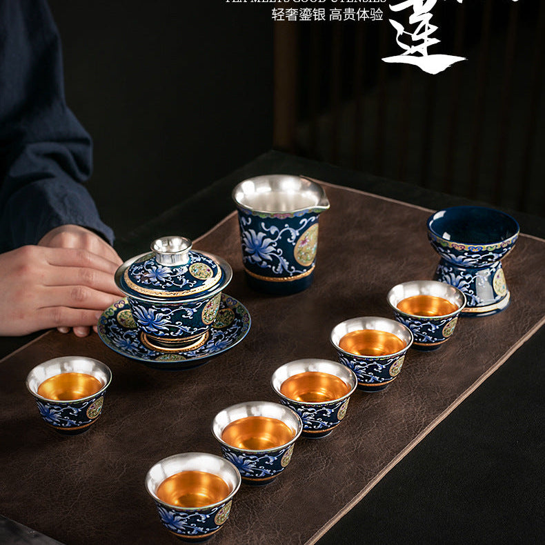 Blue and white ceramic silver-gilt tea set complete set