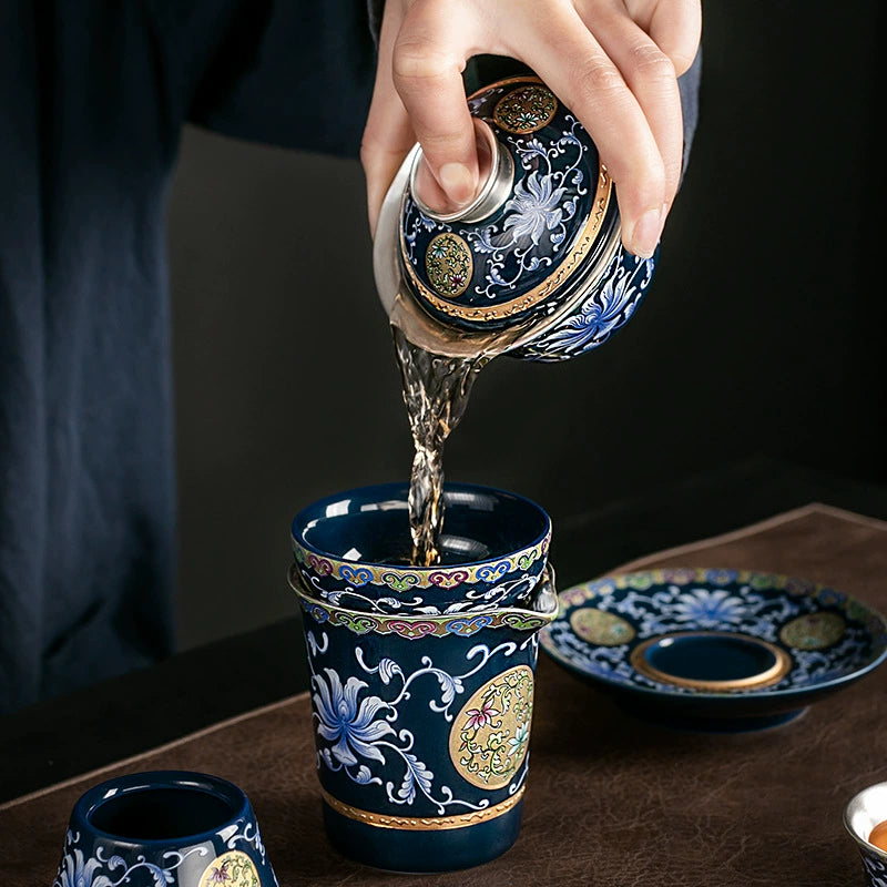 Blue and white ceramic silver-gilt tea set complete set